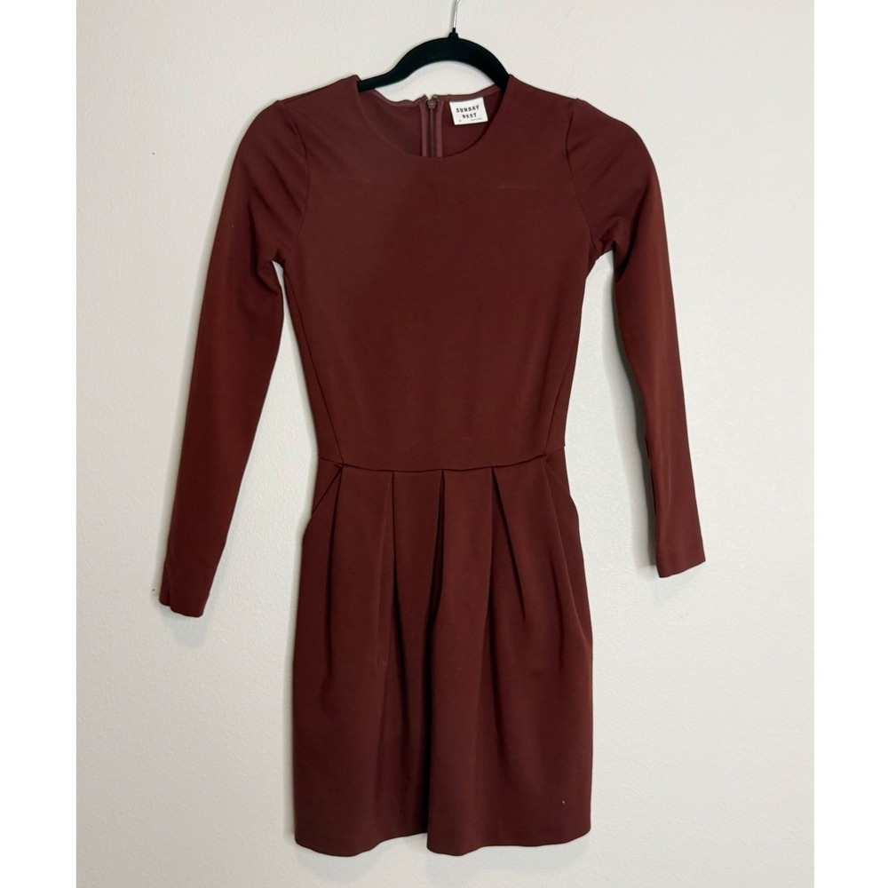 Sunday Best Aritzia Burgundy Pleated Long Sleeve Mini Dress with Pockets Size 00